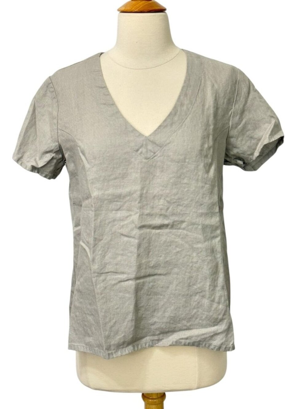 Not Perfect Linen Womens V-Neck Linen Top Blouse Gray Putty Short Sleeve Size M